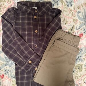 Brown Plaid Button Down Shirt with Tan Pants Kids